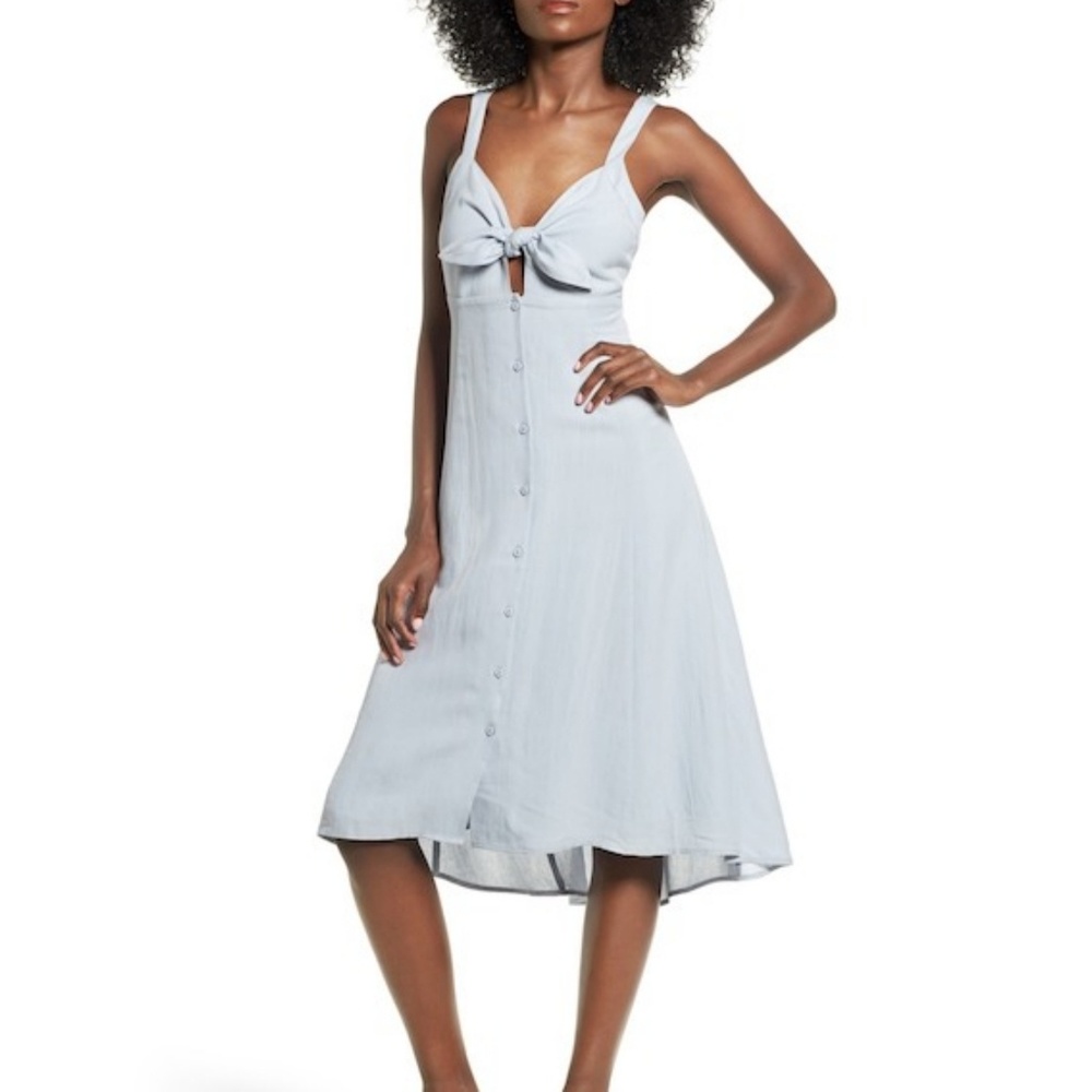 ASTR The Label Linen Tie Front Midi Blue Dress M